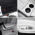 Collage of four images showcasing the interior details of a car, including the center console storage, cup holders, armrest, and seat adjustment controls.