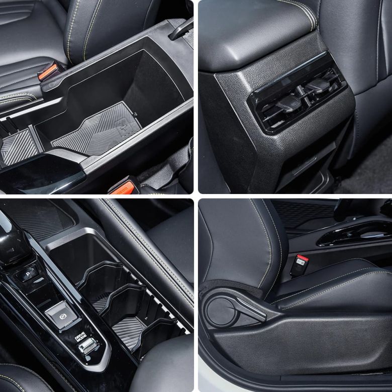 Four close - up views of a car's interior details, including storage compartments, air vents, and seat adjustment parts.