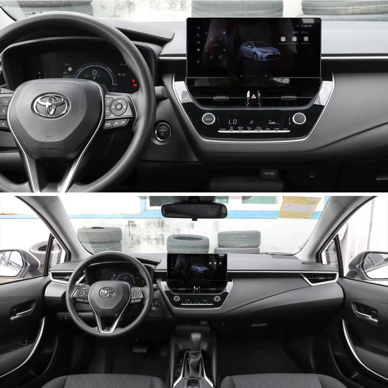 Interior of a toyota corolla 2024, showcasing the dashboard, steering wheel, central display screen, and control panel from different angles.