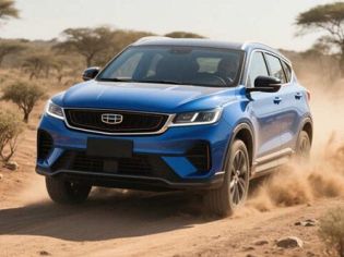 A blue Geely SUV driving on a dusty dirt road in a desert - like landscape with sparse trees.