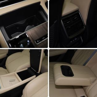 Four views of car interior storage spaces, including compartments and cup holders.