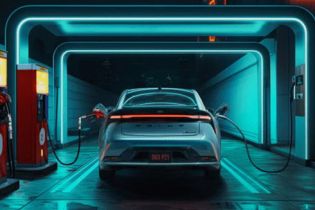 Futuristic EV sedan charging in a neon-lit station: seamless tech, sustainable power, and next-gen mobility.