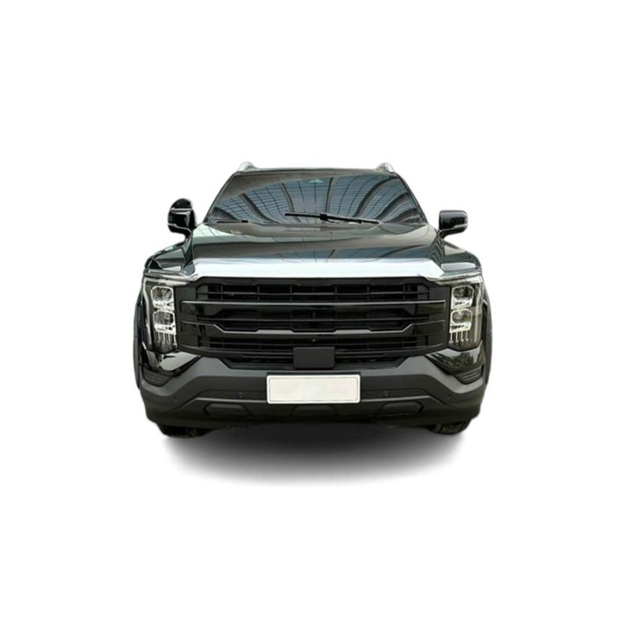 Front view of a black SUV with a large grille, sleek headlights, and a blank license plate, isolated on a white background.