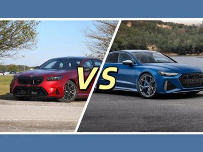 A head-to-head comparison of the red BMW sedan and blue Audi RS7 Sportback, highlighting their sporty designs and performance-oriented aesthetics in contrasting scenic settings.