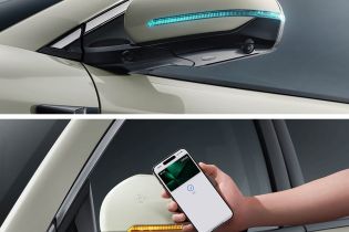 Two images showing a car's side mirror with LED lights and a hand holding a smartphone interacting with the car.