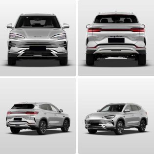 Multi-angle display of a silver BYD SUV, including front, rear, and side views, highlighting its sleek design, distinctive grille, and full-width taillights.