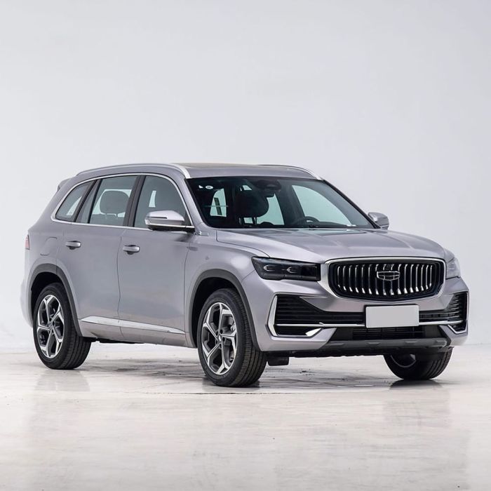 Front side view of a silver Geely SUV.