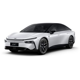 A white Xpeng P7+ electric car.