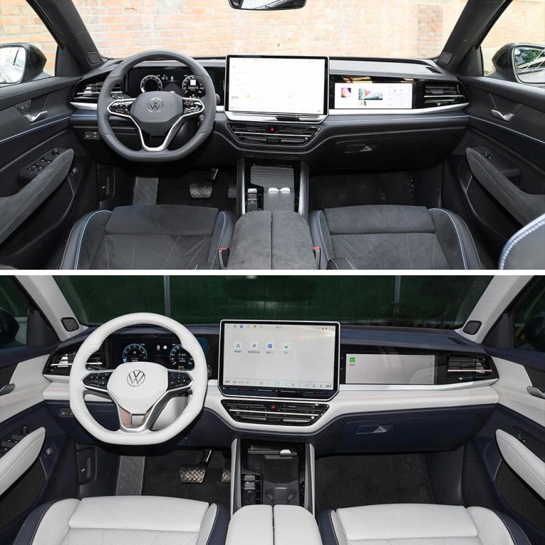 Comparison of two Volkswagen car interiors, one with a dark color scheme and the other with a light color scheme, both featuring large central screens.