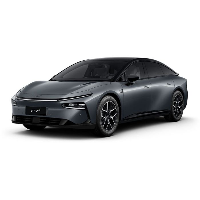 A dark gray Xpeng P7+ electric car.