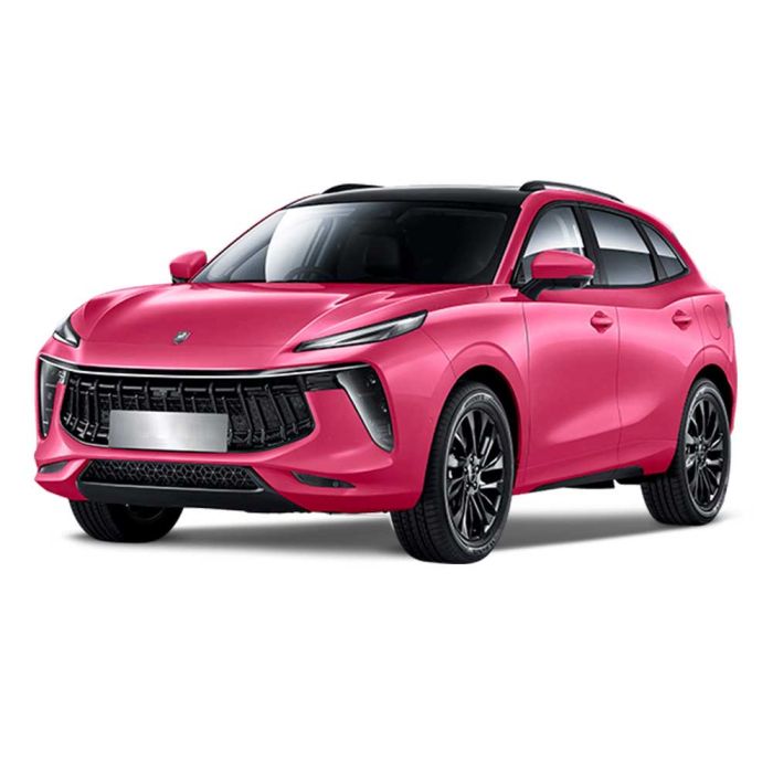 A pink Forthing T5 EVO SUV with a black roof, featuring a bold grille and sleek LED headlights, presented against a plain white background to highlight its modern and vibrant design.