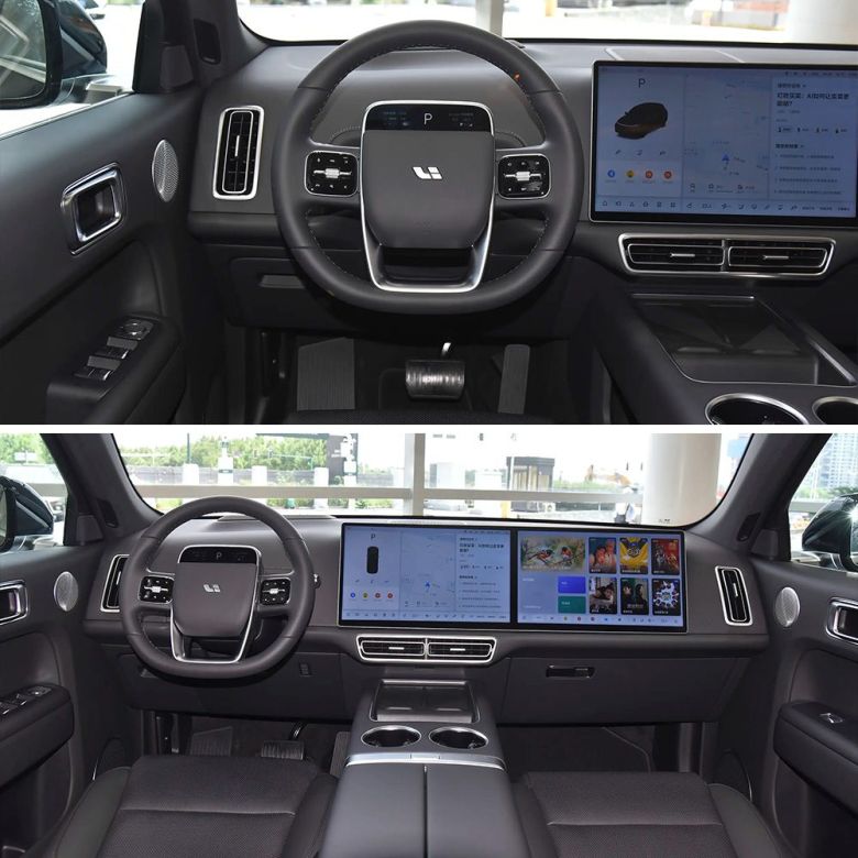 Two images showing the interior of a Li Auto car, including the steering wheel and central screens.