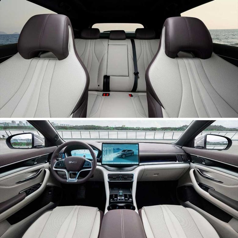 Collage of a car's interior: top shows premium two-tone seats with ocean-view background, bottom displays BYD’s cockpit with digital display, stylish steering wheel, and refined dashboard design.