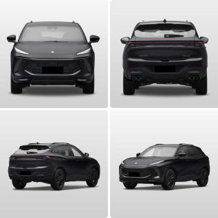 A collage of a black SUV's multiple angles—front, rear, and two side views—showcasing its sleek design, bold grille, and dynamic silhouette against a plain gray background.