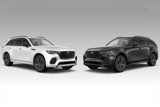 Side-by-side view of a 2025 Mazda CX-70 against a CX-90 background, showcasing contrasting color options