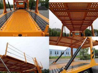 Collage of a yellow multi - level car carrier truck, showing different angles of its platform.