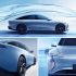 A collage showcasing a light blue electric sedan from multiple angles, highlighting its sleek design, distinctive headlights, and black wheels, with a water-inspired aesthetic background emphasizing fluidity and modernity.