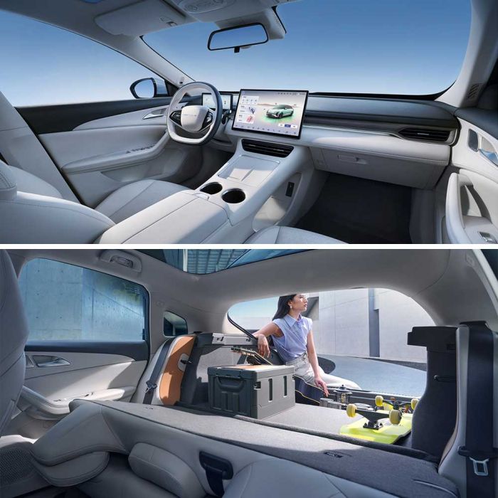 A collage showcasing a car's interior: a modern driver's area with a digital display and a spacious rear with storage, highlighting comfort and versatility.