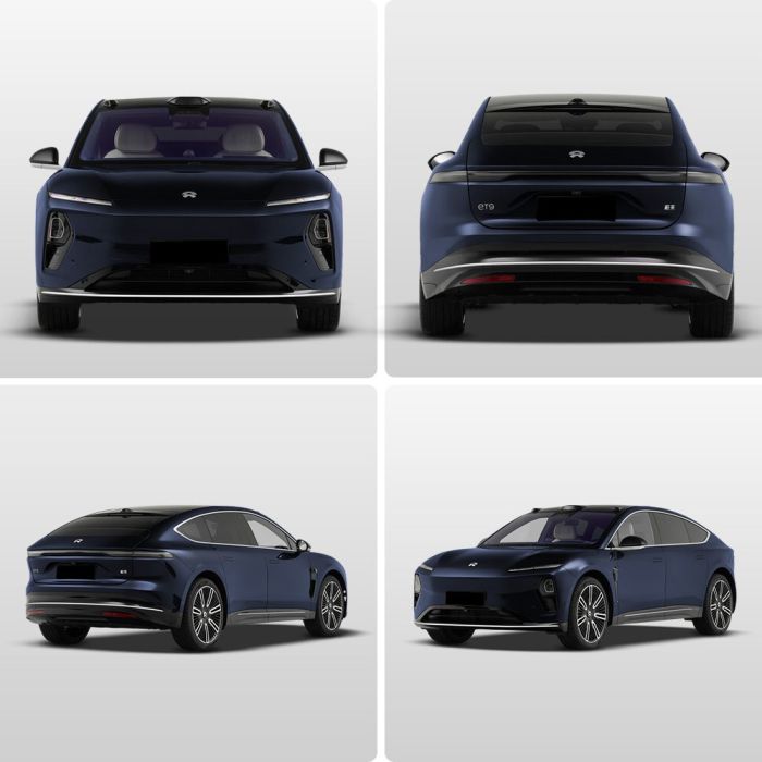 Four views (front, rear, side - rear, side - front) of a dark blue NIO ET9 electric car.