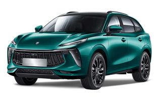 A teal SUV with a black roof, featuring a bold grille and sleek LED headlights, displayed against a plain white background to emphasize its modern and dynamic design.