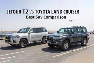 "JETOUR T2 VS TOYOTA LAND CRUISER: Best Suv Comparison. Two SUVs (silver & black) parked on a road; the black one shows Toyota badging, set against an open, industrial backdrop."
