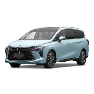 A light blue MPV with a bold front grille and panoramic sunroof is showcased against a plain background, highlighting its modern and spacious design.