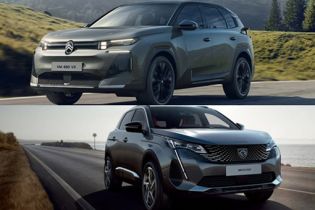 Vertical split photo comparing new Peugeot electric SUV and combustion crossover