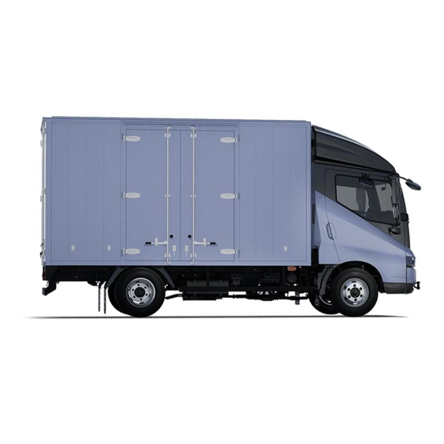 Side view of a light blue box truck with double rear doors, isolated on a white background.