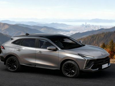 A light gray SUV with a black roof, displayed at a dynamic angle against a plain white background, highlighting its modern, sleek design and stylish black alloy wheels.