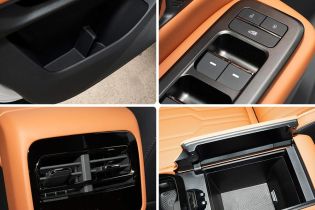 Four views of a car's interior details, including door storage, control buttons, air vent, and open center console.
