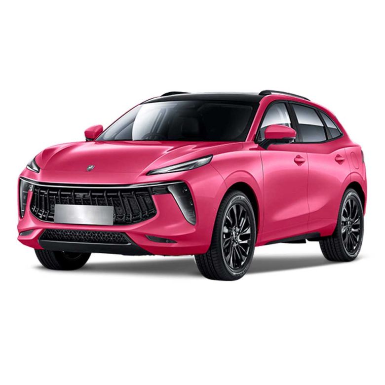 A pink Forthing T5 EVO SUV with a black roof, featuring a bold grille and sleek LED headlights, presented against a plain white background to highlight its modern and vibrant design.
