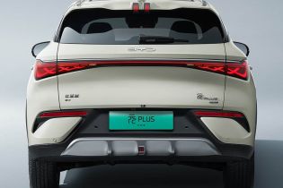 Rear view of a white BYD Yuan Plus electric SUV.