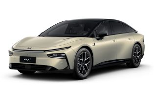 A beige Xpeng P7+ electric car.
