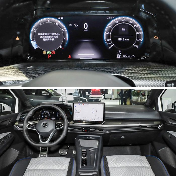 Two images showing the dashboard (with instrument cluster) and interior (including steering wheel, central screen, and seats) of a Volkswagen car.