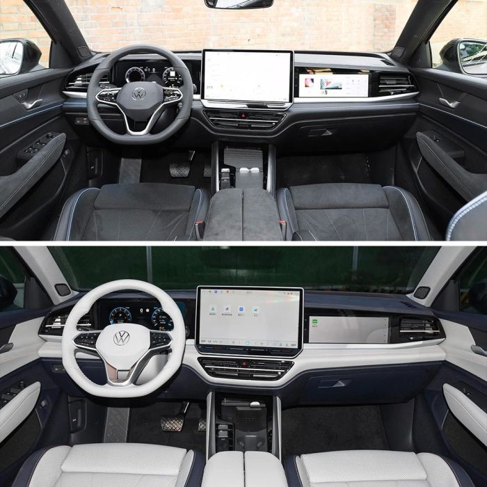 Comparison of two Volkswagen car interiors, one with a dark color scheme and the other with a light color scheme, both featuring large central screens.