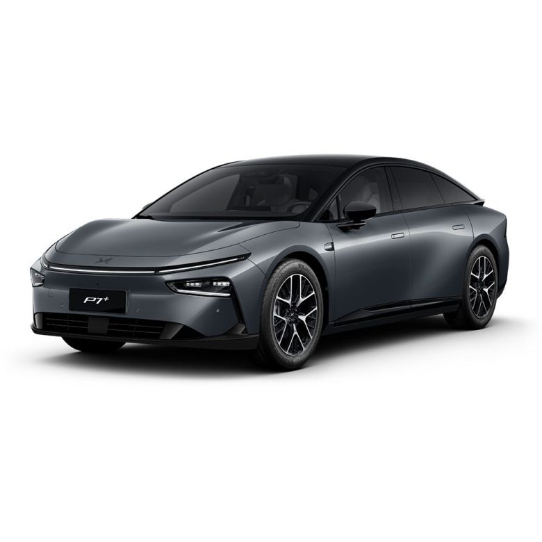 A dark gray Xpeng P7+ electric car.
