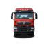 Front view of a red SINOTRUK HOWO truck, isolated on a white background.