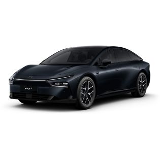 A dark blue Xpeng P7+ electric car.