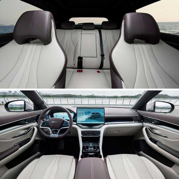 Collage of a car's interior: top shows premium two-tone seats with ocean-view background, bottom displays BYD’s cockpit with digital display, stylish steering wheel, and refined dashboard design.