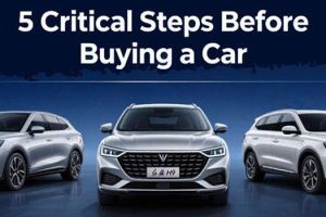 Cover image for "5 Critical Steps Before Buying a Car" with three silver SUVs.