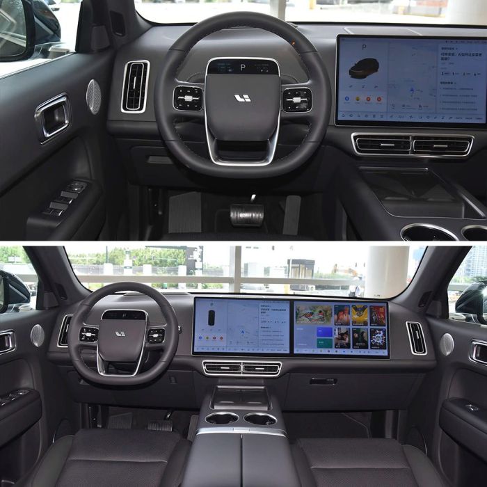 Two images showing the interior of a Li Auto car, including the steering wheel and central screens.