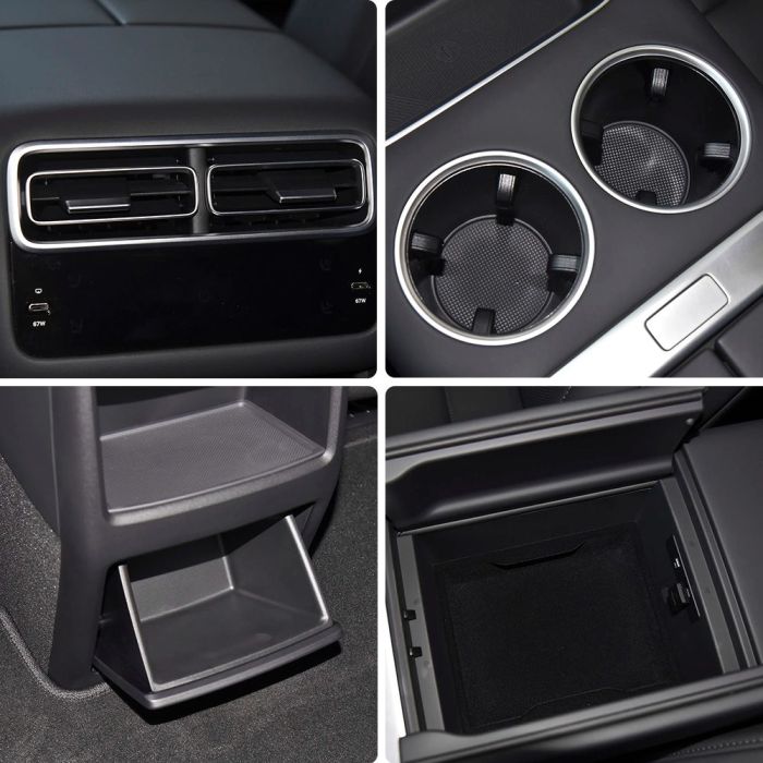 Collage of four car interior details: air vents with control panel, cup holders, a storage compartment, and an open glove box.