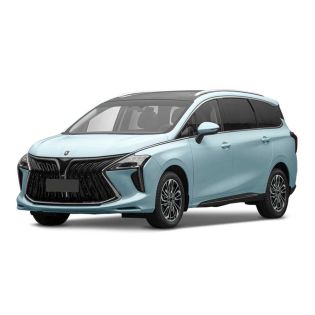 A light blue MPV with a bold front grille and panoramic sunroof is showcased against a plain background, highlighting its modern and spacious design.