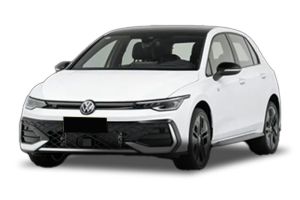 A white Volkswagen hatchback with a sleek design.