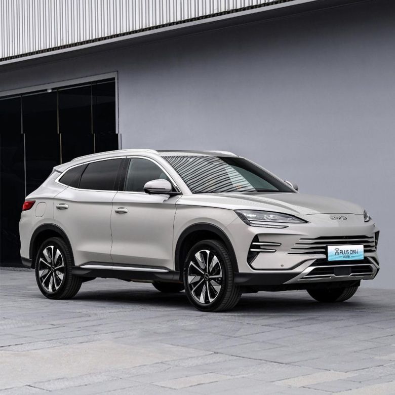 Light silver SUV (side-front view): Modern design with sharp headlights and alloy wheels. Parked outdoors near a gray building (image slightly blurred), showcasing its sleek exterior.