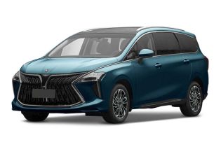 A teal MPV with a bold front grille and panoramic sunroof is showcased against a plain background, highlighting its modern and spacious design.