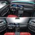 Two views of the Fengon car's interior, featuring a sleek dashboard with dual screens, sporty steering wheel, and red leather seats, showcasing its modern and stylish design.