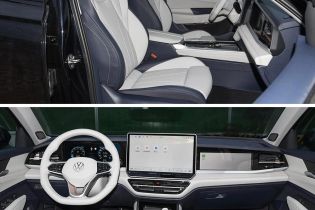 Two images showing the interior of a Volkswagen car, including seats and a dashboard with a large screen.