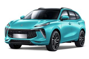 A turquoise Fengon SUV with a black roof, captured at a dynamic angle against a plain white background, emphasizing its modern, sleek design and eye-catching color.