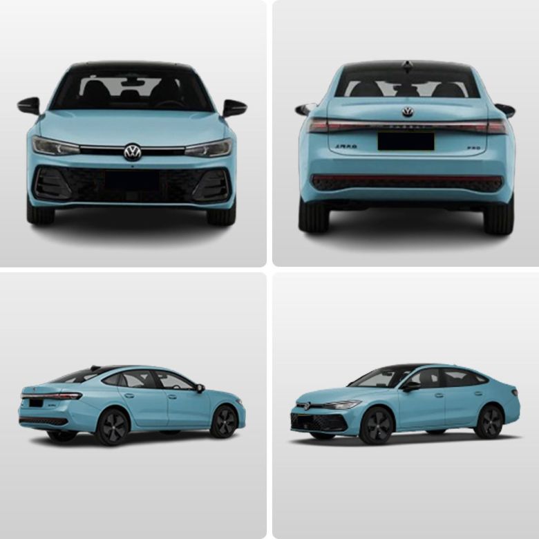 Four views (front, rear, side - rear, side - front) of a light blue Volkswagen sedan.